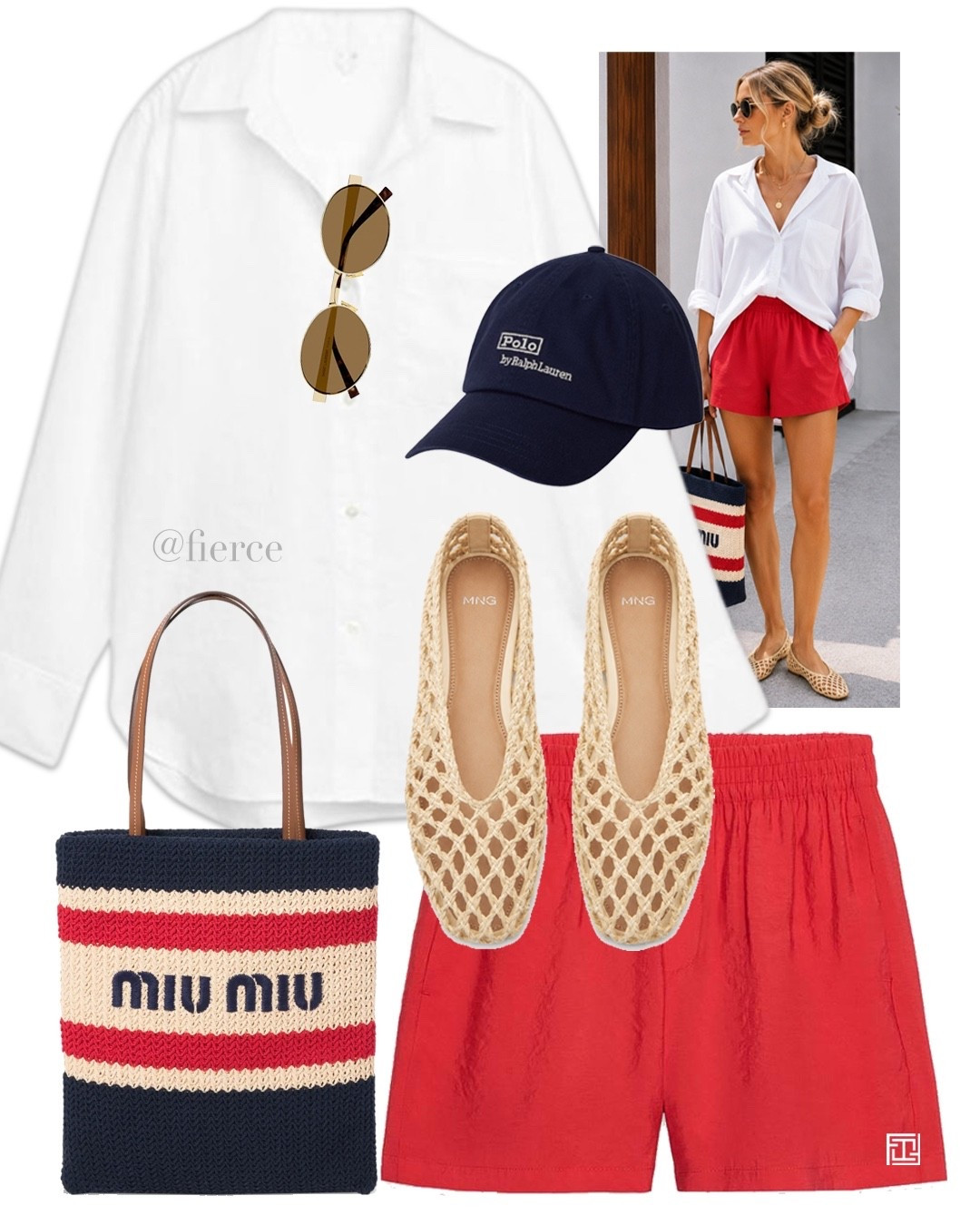 Red shorts navy blue baseball cap white linen shirt Miu Miu summer knitted bag raffia ballet flats beach holiday vacation eurosummer outfit

#LTKuk #LTKsummer #LTKeurope