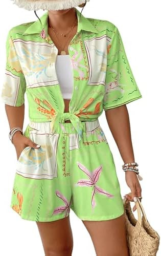 Bsubseach 2 Piece Short Sets for Women Tropical Printed Short Sleeve Button Down Shirt and Shorts... | Amazon (US)