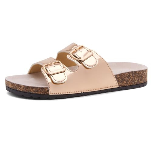 Herstyle Softey Womens Cork Footbed Sandals - Adjustable 2-Strap Comfort Slides | Slip On Open Toe Flat Sandals for Women | Summer Beach Casual Everyday Wear, Rosegold, Size 5.0 | Amazon (US)