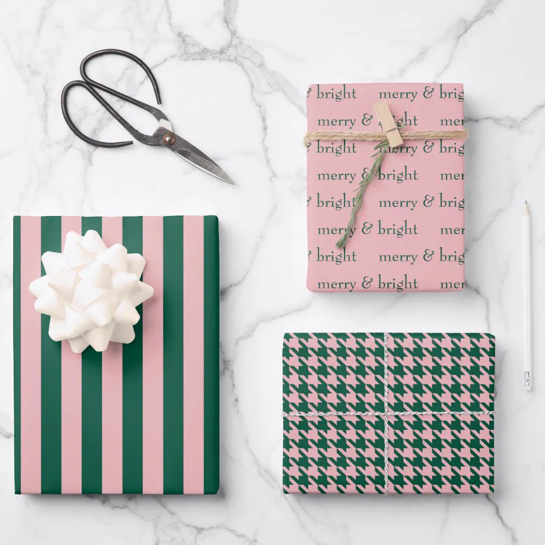 Modern Merry & Bright Christmas Holiday Green Pink Wrapping Paper Sheets | Zazzle | Zazzle