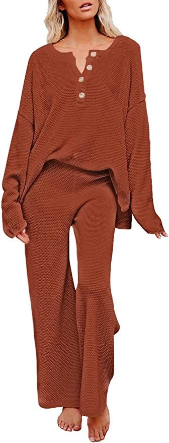 Pink Queen Women's 2 Piece Outfit Set Long Sleeve Button Knit Pullover Sweater Top and Wide Leg P... | Amazon (US)