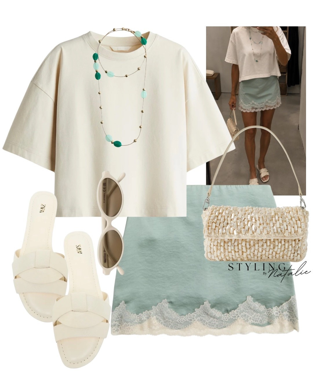 Boxy T-shirt with lace trim mini skort, flat sandals. Mixed bead necklace and sunglasses. Summer outfit, casual chic, date night look, holiday evening outfit, sage green and cream, Zara outfit

#LTKsummer #LTKeurope #LTKdatenight