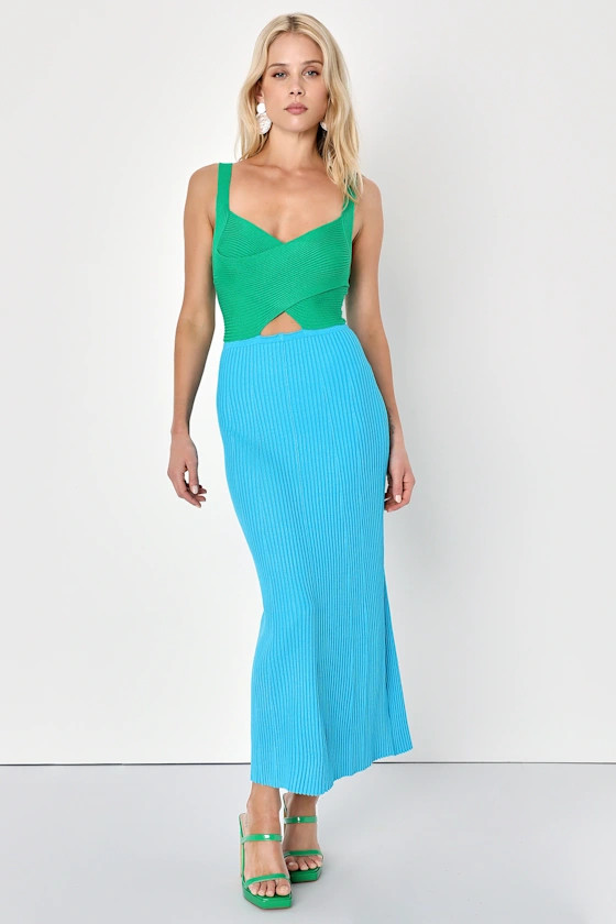 Flirty Pairing Green and Blue Color Block Ribbed Cutout Dress | Lulus (US)