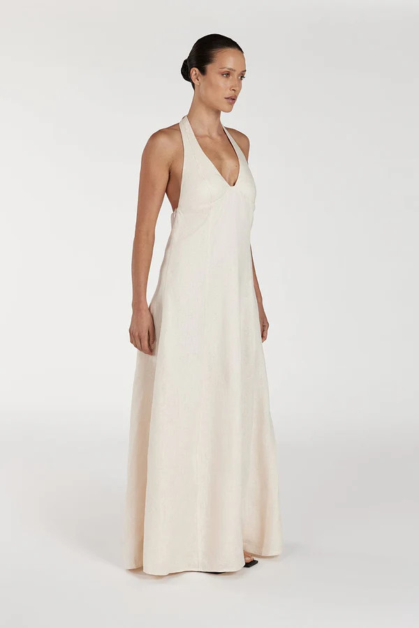 AUDREY CREAM HALTER LINEN DRESS | DISSH