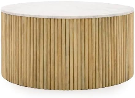 Limari Home Rufus Collection Modern Living Room Marble Top Round Coffee Table, White, Mango Wood | Amazon (US)