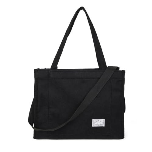 Valleycomfy Corduroy Tote Bag for Women Travel Crossbody Bag Purse Women Shoulder Bags Work Handbags Everyday Hobo Bag (Black, Large) | Amazon (US)