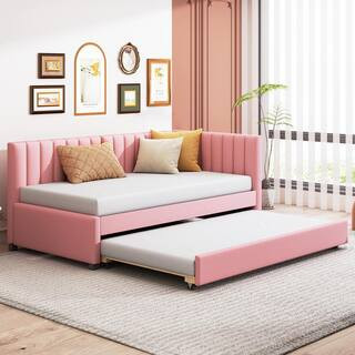 Pink Wood Twin Size Linen Upholstered Daybed, Sofa Bed with Channel-Tufted Backrest and Twin Size Trundle | The Home Depot