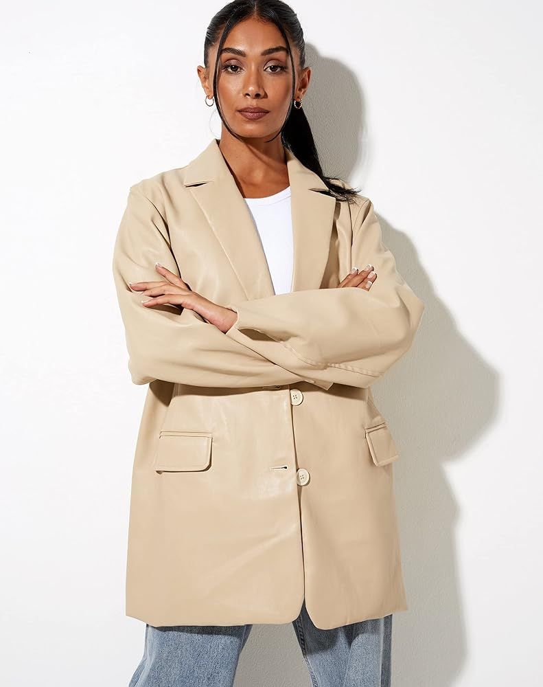 Women Faux Leather Blazer Jackets Button Down Oversized Vintage PU Leather Lapel Jacket Streetwear | Amazon (US)