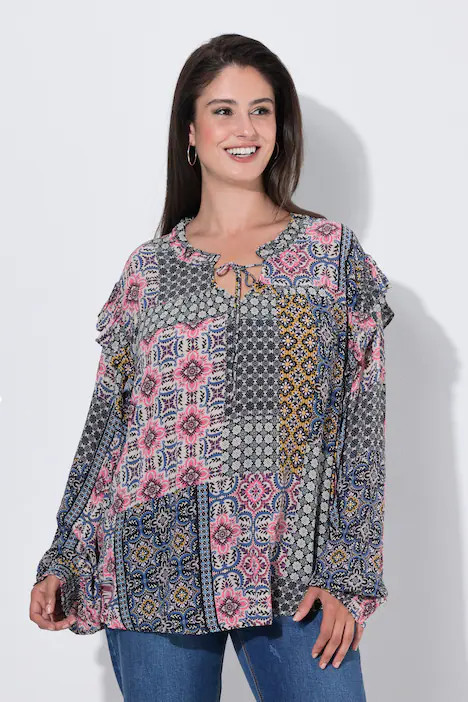Patchwork Print Long Sleeve Ruffle Blouse | Ulla Popken - US