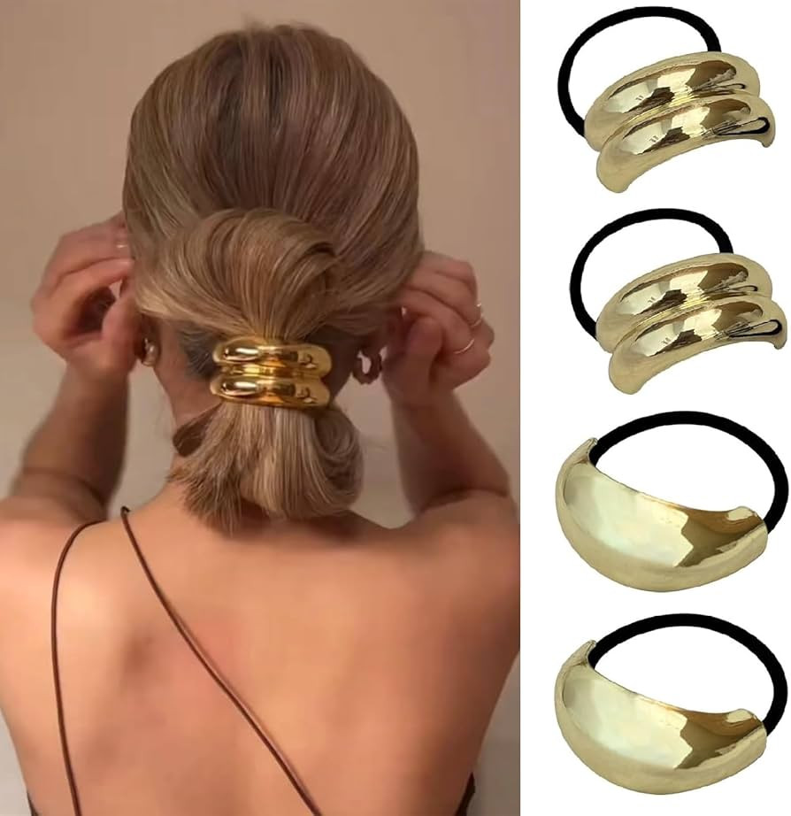 4PCS Metal Hair Ties,Metal Geometric Elastic Hair Ties,Ponytail Hair Cuff,Gold Hair Ties,Gold Hai... | Amazon (US)