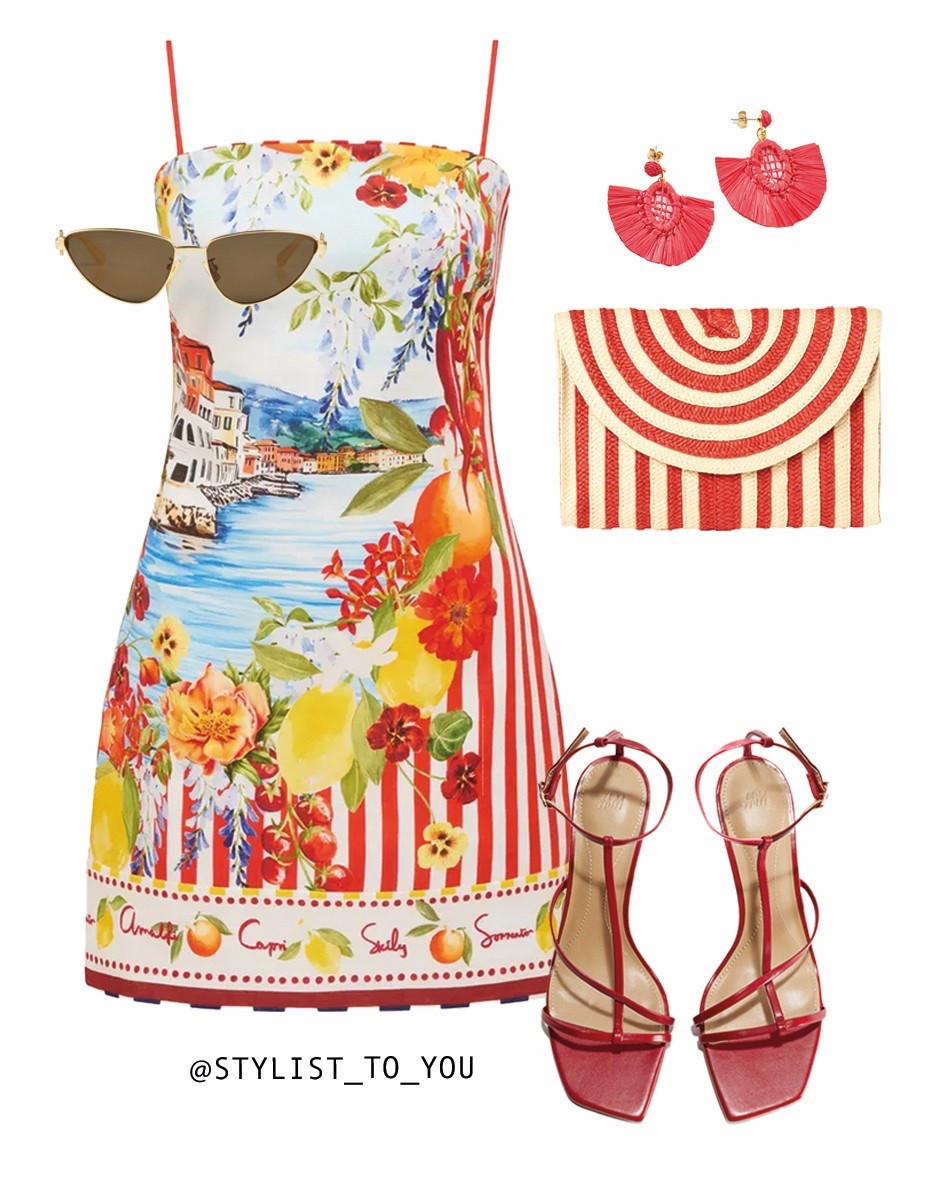 Tomato girl summer 🍅❤️

Flat lay of a vibrant summer outfit featuring a printed bodycon mini dress with Amalfi Coast scenery and fruit motifs, red strappy heeled sandals, cat-eye sunglasses, red fan-shaped earrings, and a red-striped woven clutch—ideal for a holiday dinner or summer date night.

Keywords (Copy & Paste):
coastal dress italy print red heels seaside outfit date night dress bold print mini dress vibrant summer look statement earrings woven clutch tomato girl aesthetic summer glam amalfi coast inspired outfit fruit motif romantic style coastal dinner look destination fashion travel outfit colorful fashion feminine details dress and heels vacation wardrobe sunset dinner vibes classic yet fun euro summer style bold accessories chic clutch structured dress travel glam aesthetic pop of color evening look printed outfit retro seaside modern romantic red and yellow tones stylish getaway look

#LTKsummer #LTKwedding #LTKdresses