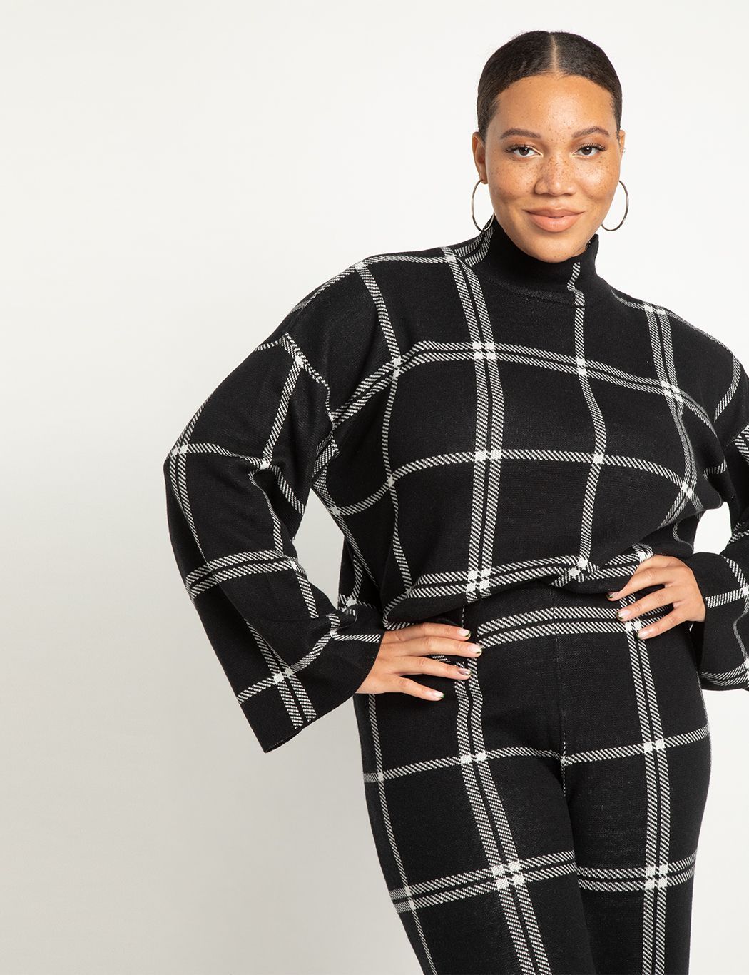 Mock Neck Windowpane Plaid Sweater | Women's Plus Size Tops | ELOQUII | Eloquii