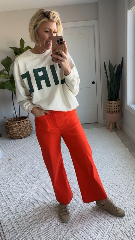 Pop of color in my wardrobe! These wide leg pants fit like a dream & can easily be dressed up or down 👏🏻
I’m wearing my tts in the tall length- I’m 5’10” 

Sizes up to a medium in the sweatshirt for an oversized fit 

#LTKover40 #LTKstyletip #LTKVideo