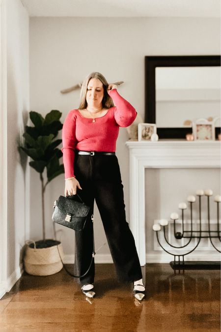 Work outfit
Pink ribbed top, black trousers, black & gold flats, gold jewelryy

#LTKover40 #LTKstyletip #LTKshoecrush