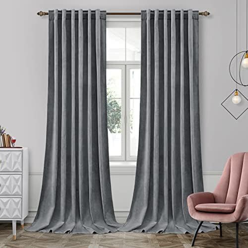 HOMEIDEAS Grey Velvet Curtains 52 X 96 Inches, 2 Panels Gray Room Darkening Curtains/Drapes, Ther... | Amazon (US)