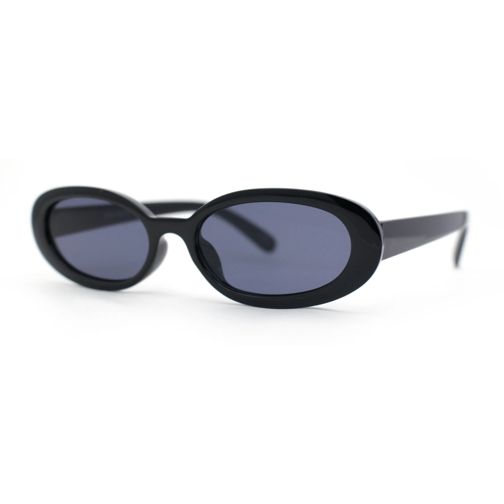 Womens Mod Thin Plastic Narrow Oval Retro Sunglasses All Black | Walmart (US)