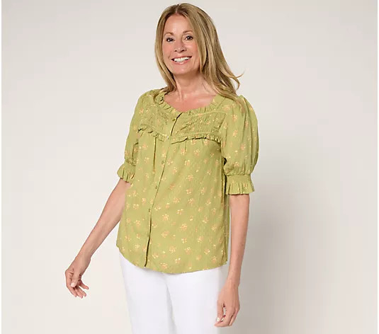 Make Your Selection: Me by Jennie Garth Marigold Printed Blouse with Puff Sleeve | QVC