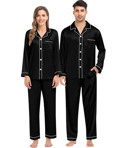SWOMOG Women & Men Satin Pajamas Set Couple Matching Pajamas Long Sleeve Sleepwear Button Down Loungewear 2 Pcs Pj Set Men Black Small | Amazon (US)