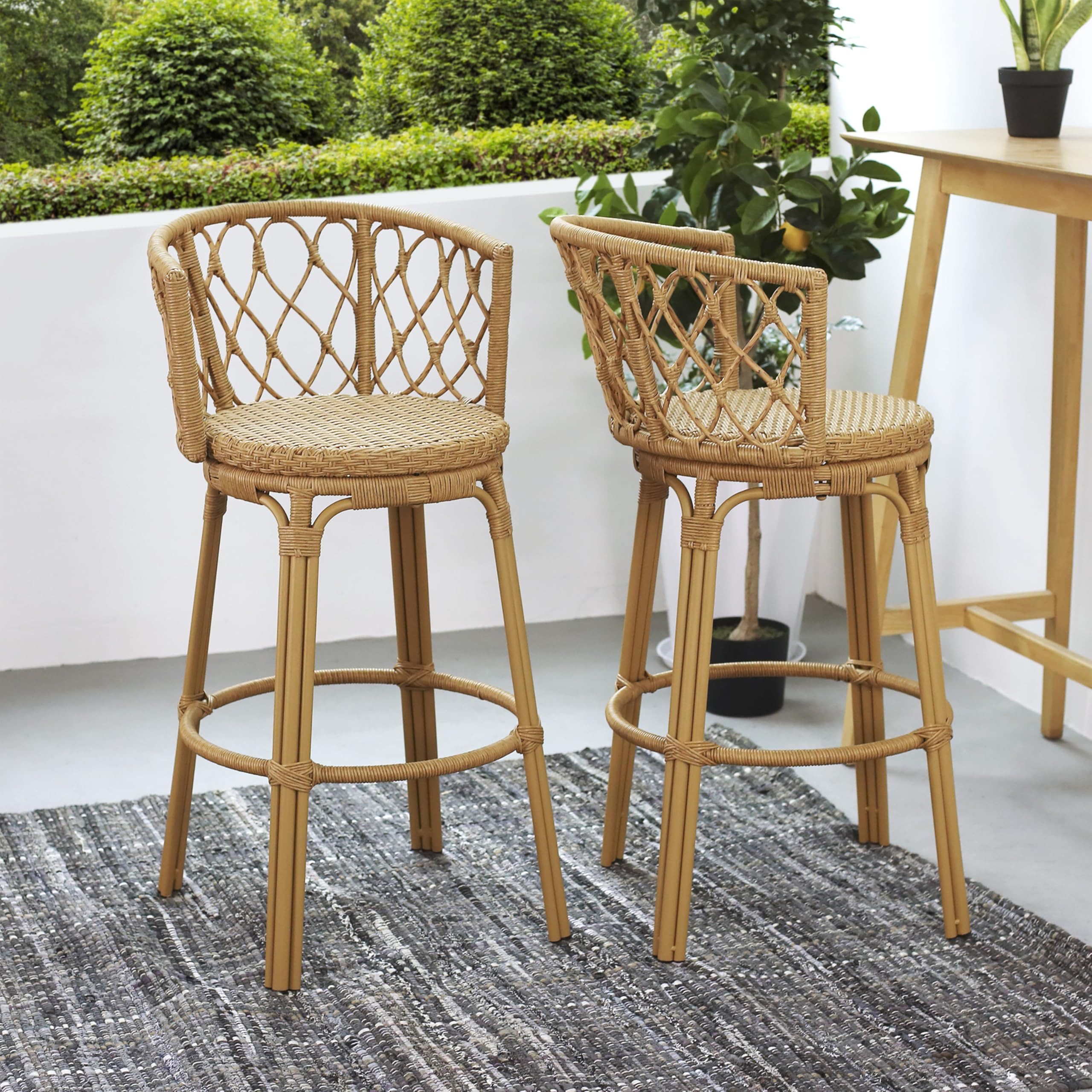 Christopher Knight Home Harrison 28.75"H Outdoor Barstools Set of 2, Rattan Bar Chair, Barrel Bac... | Amazon (US)