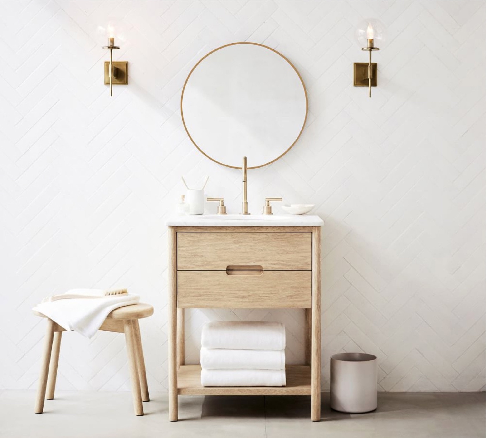 Bathroom Vanity Powder Bath Small Space Bath Styling.  Inspiration from Pottery Barn, stool, sconce, vanity, bath accessories, fresh bathroom, bathroom refresh, lighting, round mirror, towel, white bathroom

#LTKhome #LTKSeasonal #LTKstyletip