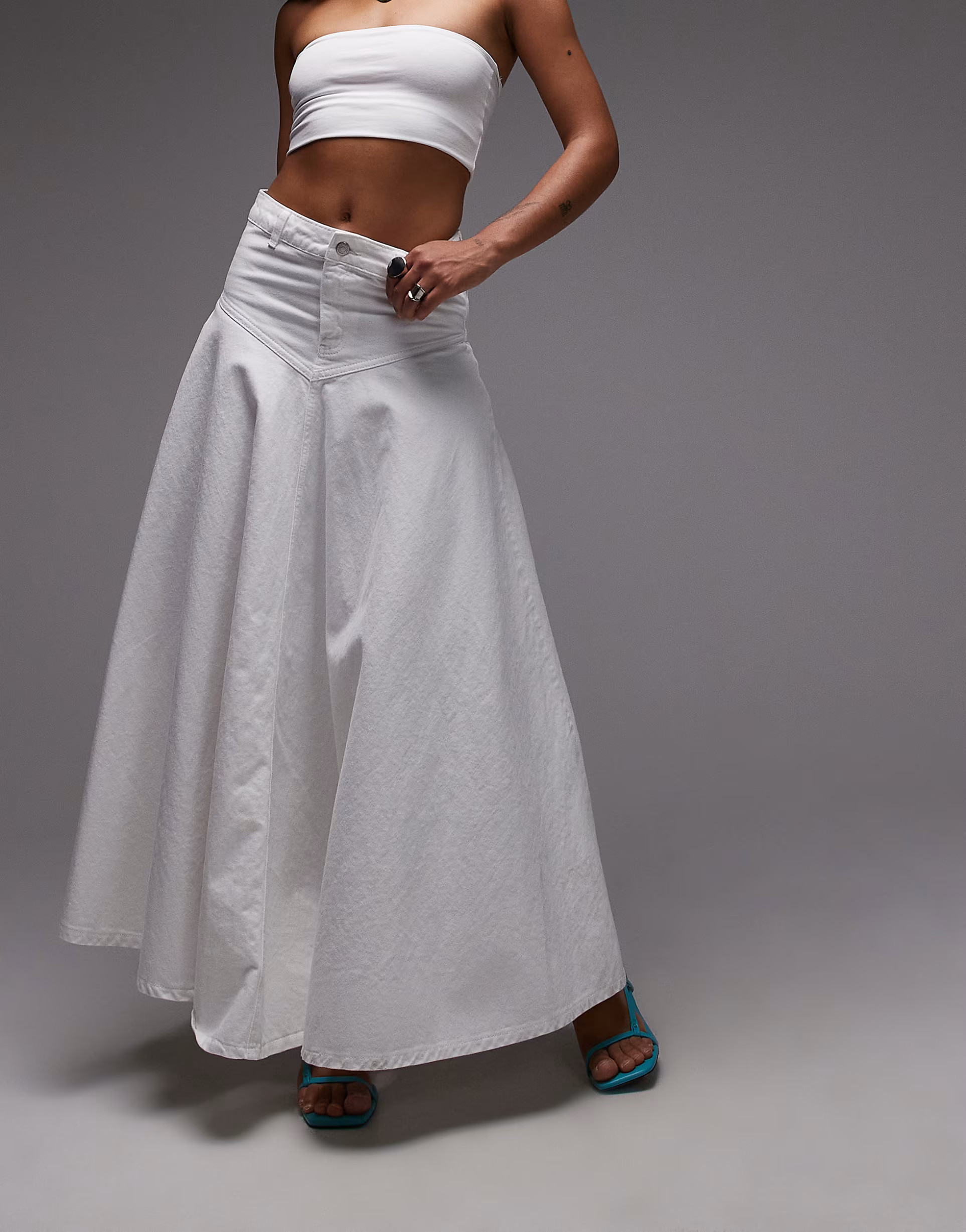 Topshop denim maxi front yoke skirt in white | ASOS (Global)