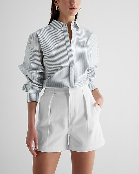 Super High Waisted White Pleated Jean Shorts | Express