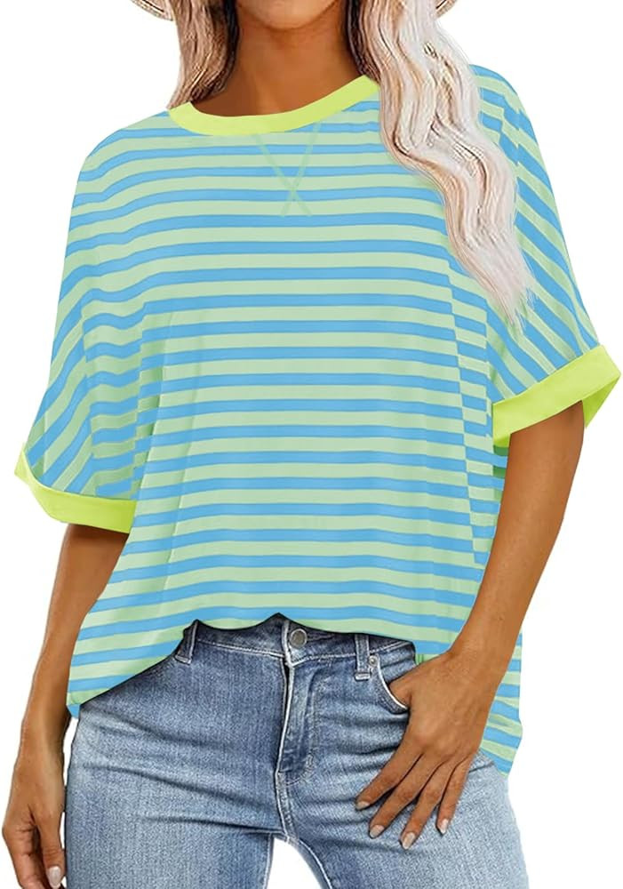 Tankaneo Womens Oversized Striped Tee Shirt Summer Casual Color Block Half Sleeve Crew Neck Tunic... | Amazon (US)