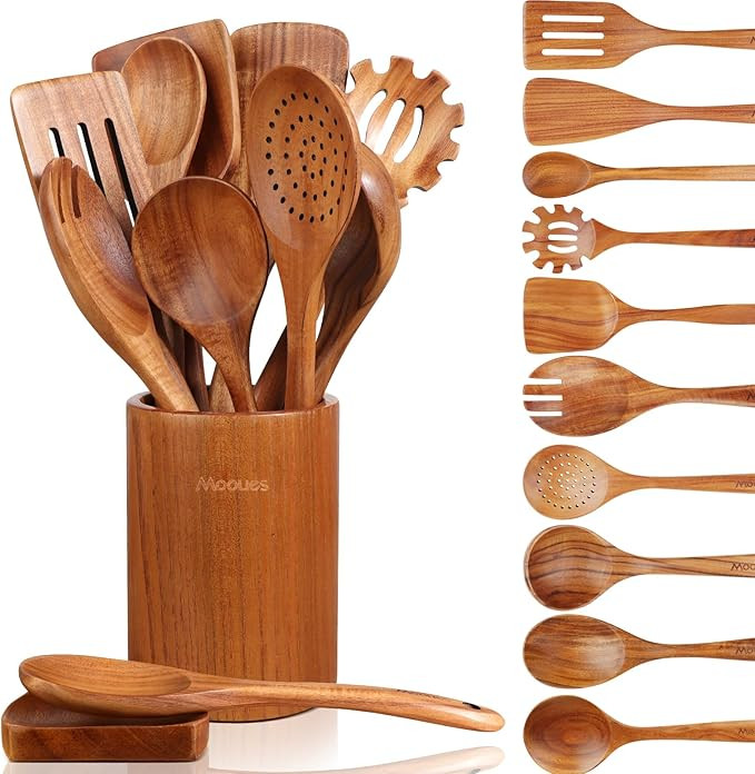 Mooues 12 Piece Wooden Spoons for Cooking, Wooden Utensils for Cooking with Utensils Holder, Natu... | Amazon (US)