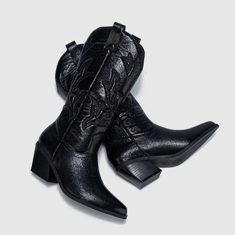 Metallic Glitter Cowboy Boots for Women Sparkly Leather Pointed Toe Chunky Heels Wide Mid Calf Co... | Walmart (US)