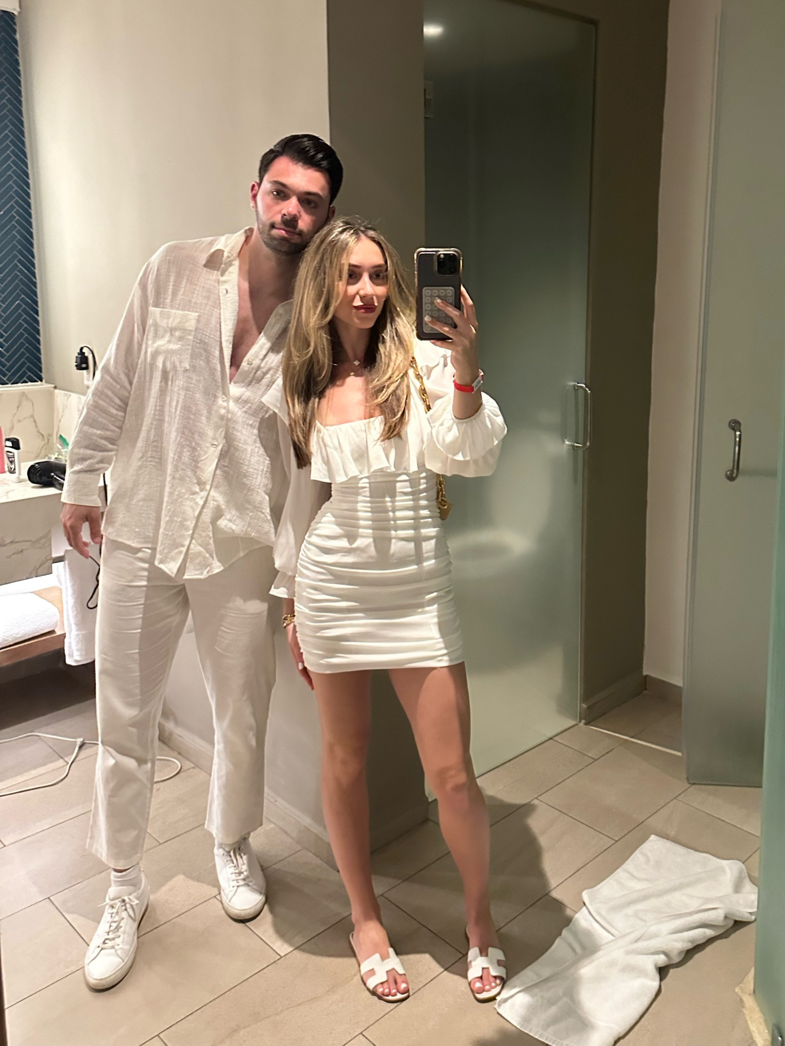 Couples summer outfit inspo all in white! Day 2 night outfit in Punta Cana 🤍 my dress is size XS (linked), Tyler’s exact shirt and shoes linked. 

#LTKtravel #LTKSeasonal #LTKstyletip