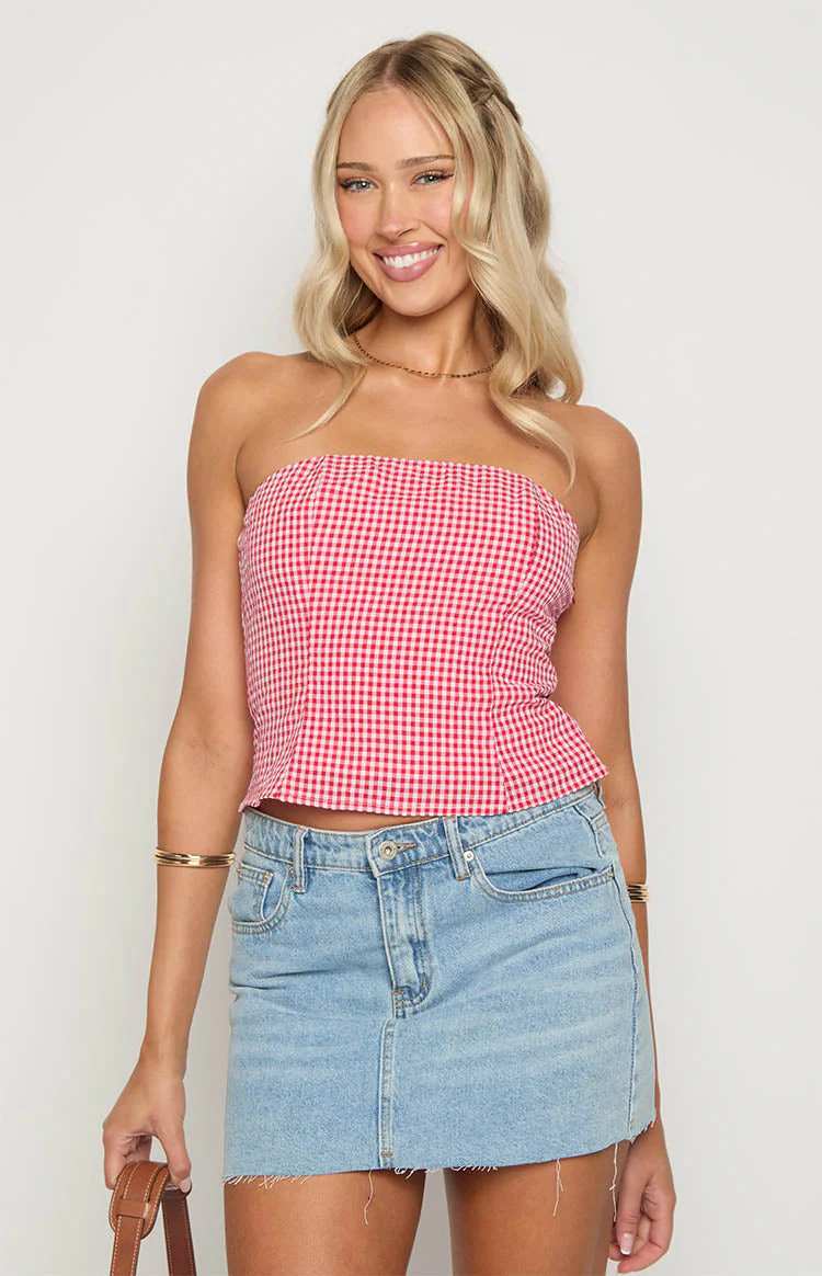 Paisley Red Gingham Strapless Top | Beginning Boutique | Beginning Boutique (US)