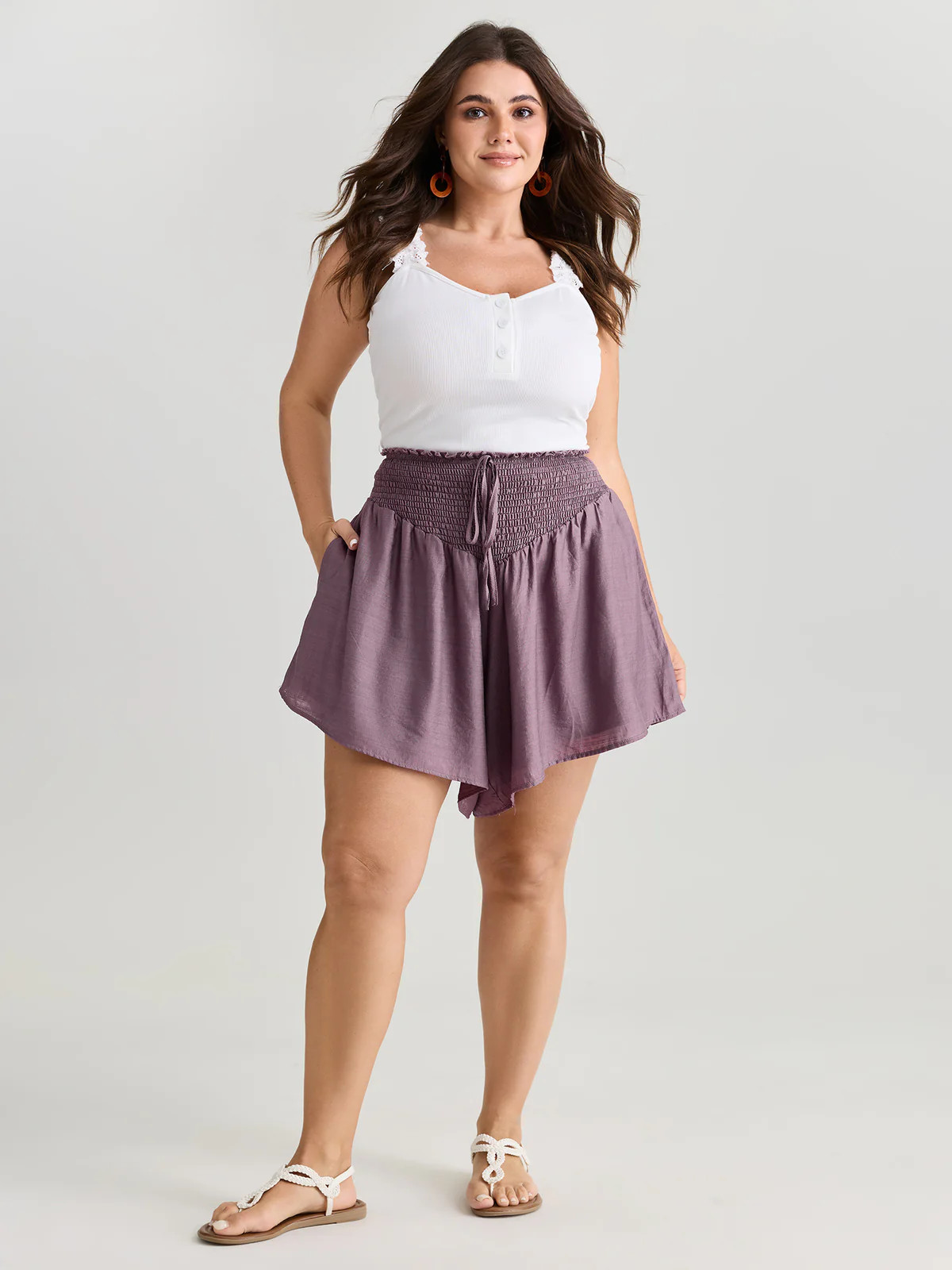 Triangular Shirred Waist Plain Shorts | Bloomchic