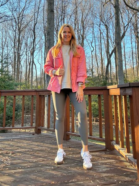 Early spring outfit idea — wearing a few of my favorite comfort and a new pink utility jacket.

Tunic sweatshirt is a great neutral oatmeal color and super comfy. Leggings remind me of the Lululemon align ones but a fraction of the price!

The jacket is an affordable find that comes in several colors and is currently on sale. I sized down one from my normal jacket size and it fits great.

Wearing my normal size in everything else

Adidas sneakers look like sambas but are a better price and fully stocked!
Sized down one 

#LTKsalealert #LTKSeasonal #LTKfindsunder50