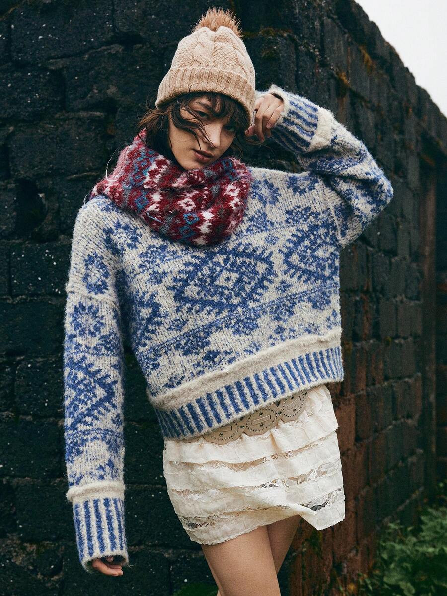 Bohemela Boho Autumn/Winter Outerwear, Women's Vintage Blue And White Jacquard Fair Isle Knit Hig... | SHEIN