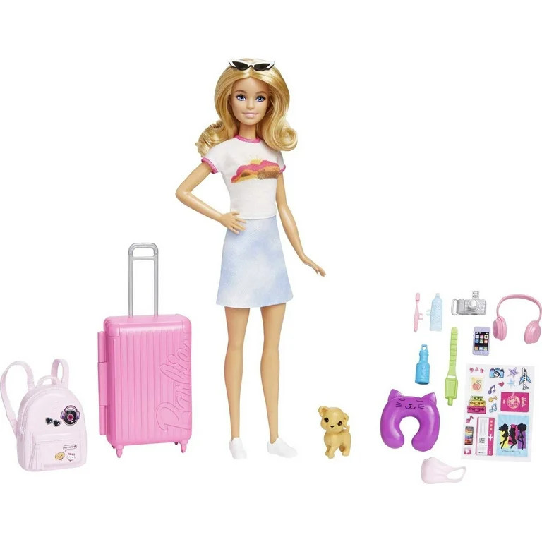 Barbie Malibu Doll & 10+ Accessories, Travel Set with Pink Working Suitcase, Blonde Fashion Doll | Walmart (US)