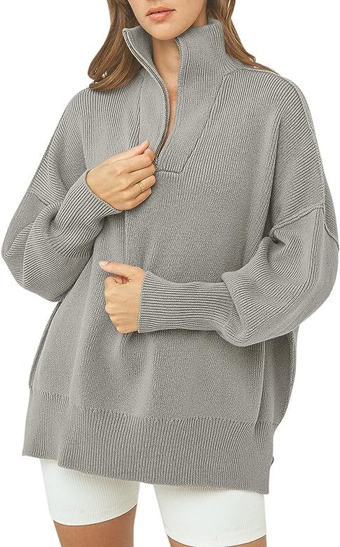Caracilia Women's Long Sleeve 1/4 Zipper Collar Oversized Sweater Slouchy Knit Sweatshirt Drop Sh... | Amazon (US)