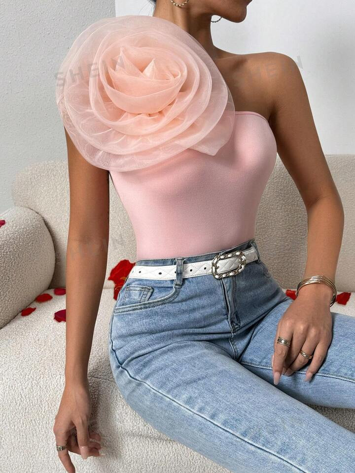 SHEIN Privé One Shoulder Contrast Mesh Top | SHEIN