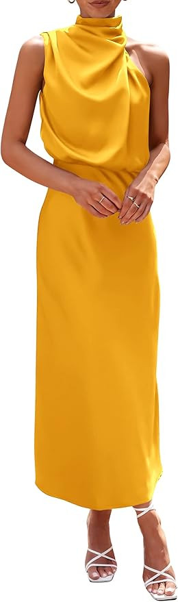 PRETTYGARDEN Women's 2025 Summer Satin Dress Elegant Sleeveless Mock Neck Cocktail Party Maxi Dre... | Amazon (US)