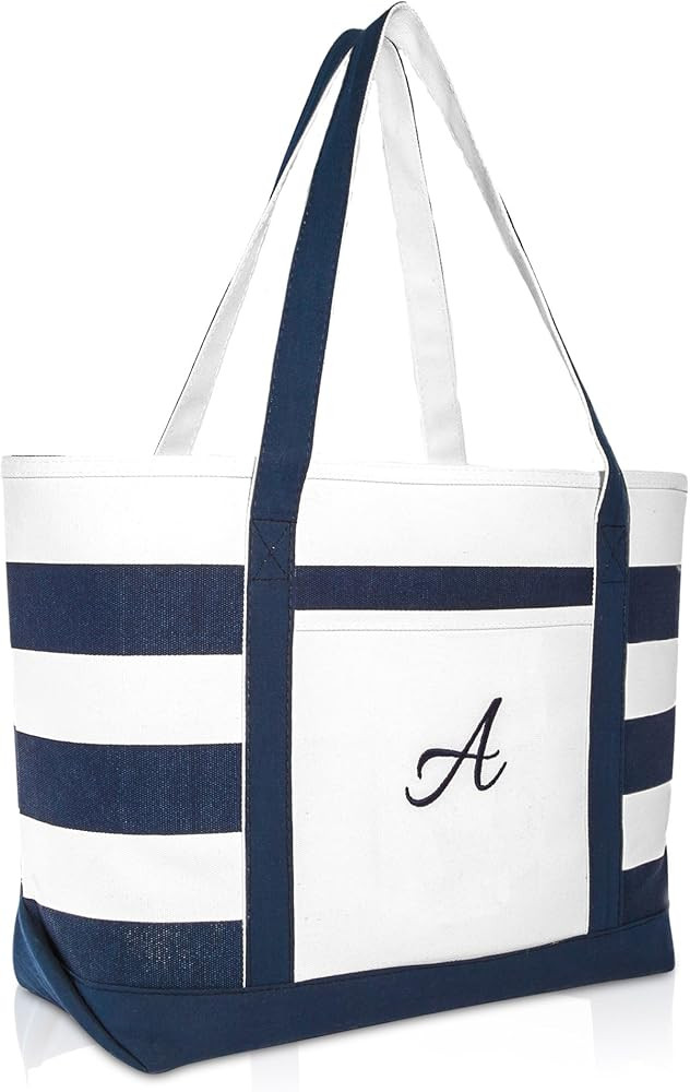DALIX Premium Beach Bags Striped Navy Blue Zippered Tote Bag Monogrammed A - Z | Amazon (US)