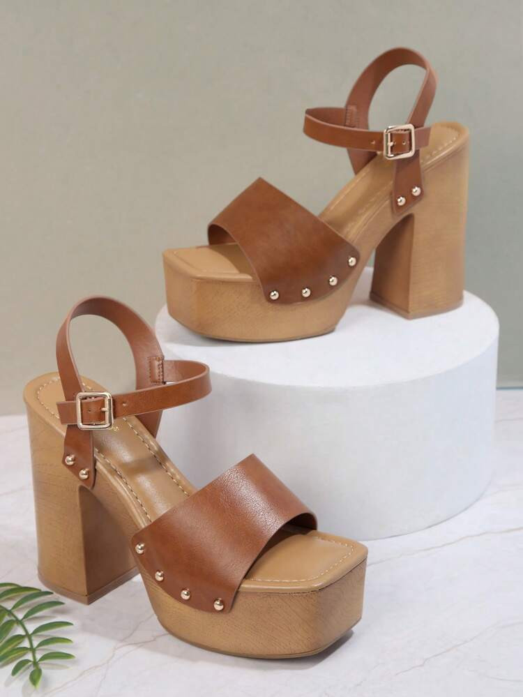 Nubuck PU Peep Toe Wooden Block Heels | SHEIN