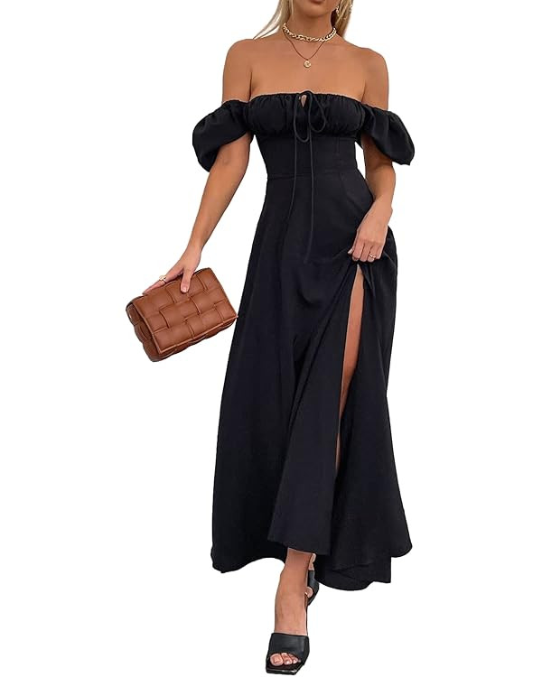 Women's Summer Puff Sleeve Floral Split Maxi Dress Flowy A Line Casual Beach Long Dresses 2025 | Amazon (US)