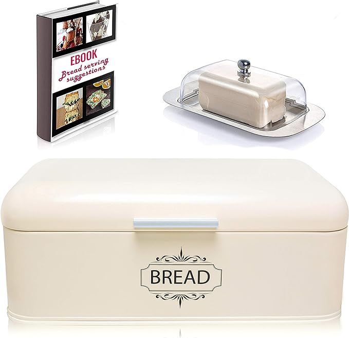 Vintage Bread Box For Kitchen Stainless Steel Metal in Retro Cream Off White + FREE Butter Dish +... | Amazon (US)