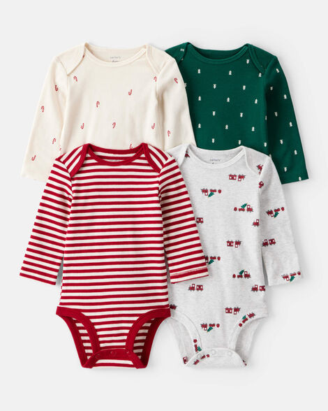 Baby Boy 4-Pack Christmas Print Long-Sleeve Multipack Bodysuits - White/Green | Carter's Inc