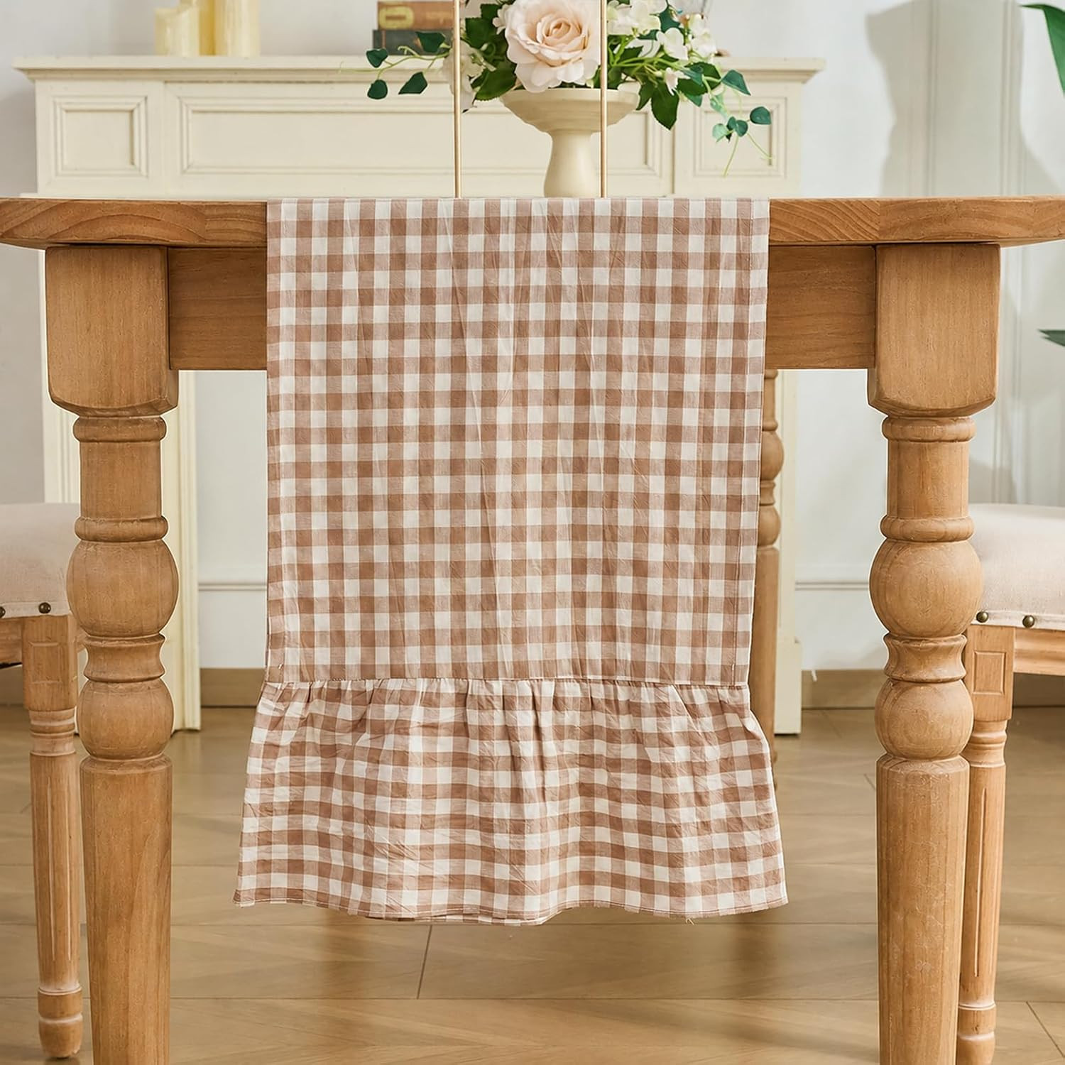 Taupe Gingham Plaid Ruffle Table Runner 90 Inches Long, 100% Washed Cotton Double Layer Farmhouse Dining Decor for Holiday, Home Party Wedding, 13 x 90 inches | Amazon (US)