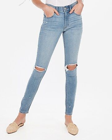 high waisted light wash ripped jean leggings | Express