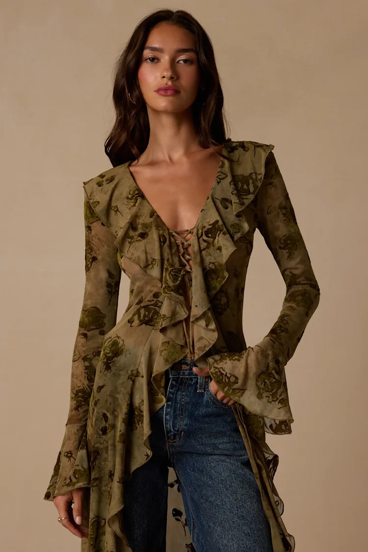 Winifred Olive Sheer Mesh Jacquard Lace-Up Duster Top | Lulus