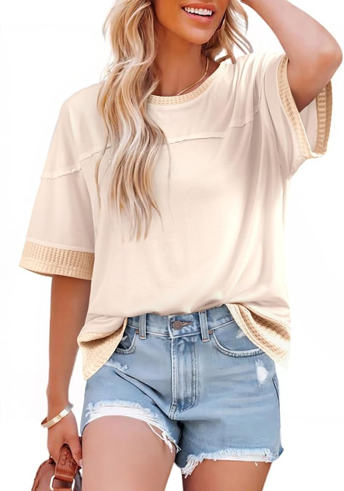 Dokotoo Womens Summer Tops Casual Oversized Short Sleeve T Shirts Crewneck Color Block Side Slit ... | Amazon (US)