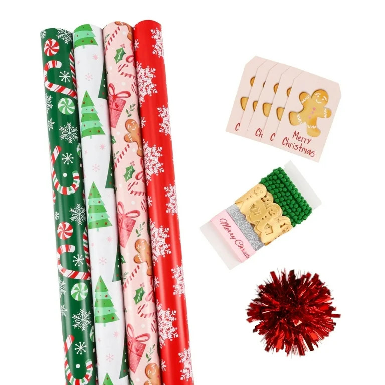 LaRibbons 30" x 10' Christmas Wrapping Paper Holiday Gift Wrap Kit,  Pink Gingerbread | Walmart (US)