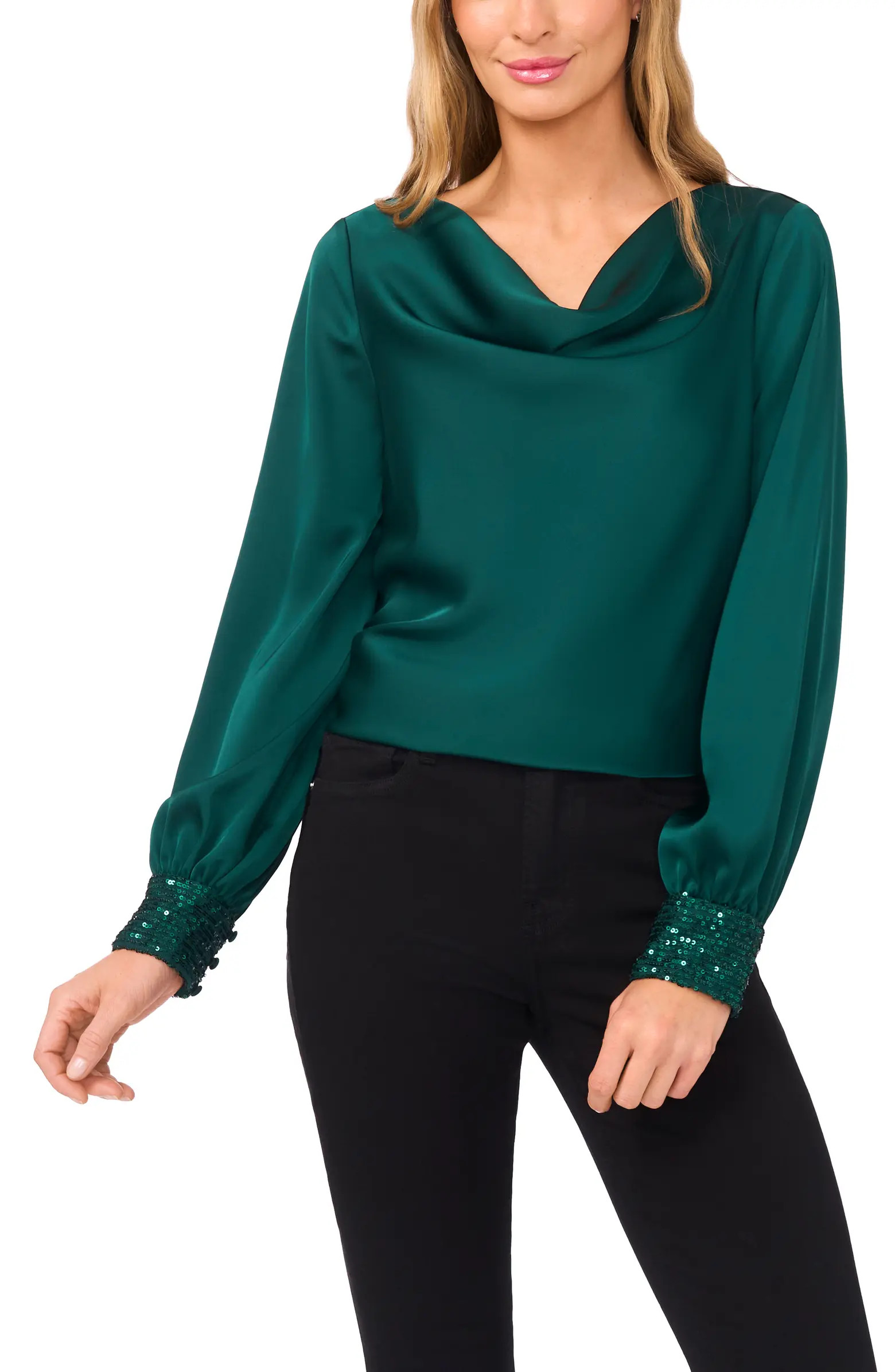 Cowl Neck Sequin Cuff Charmeuse Top | Nordstrom