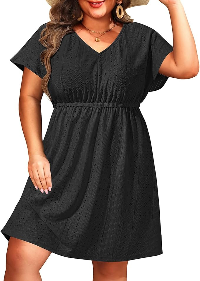 Pinup Fashion Plus Size Swimsuit Cover Up Women - Hollow Out V Neck Beach Dress Coverups | Amazon (US)